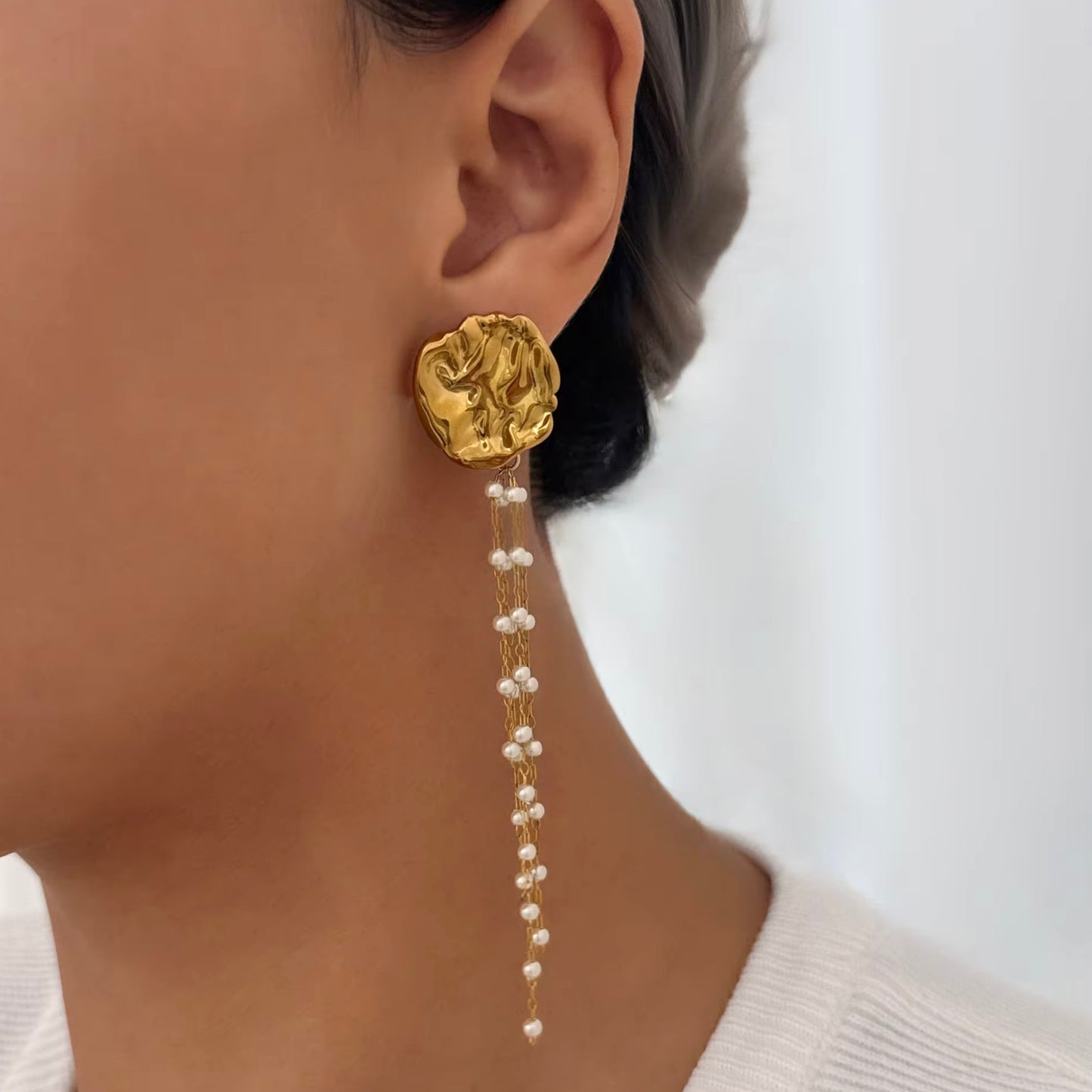 Hammered Round Pearl Tassel Earrings