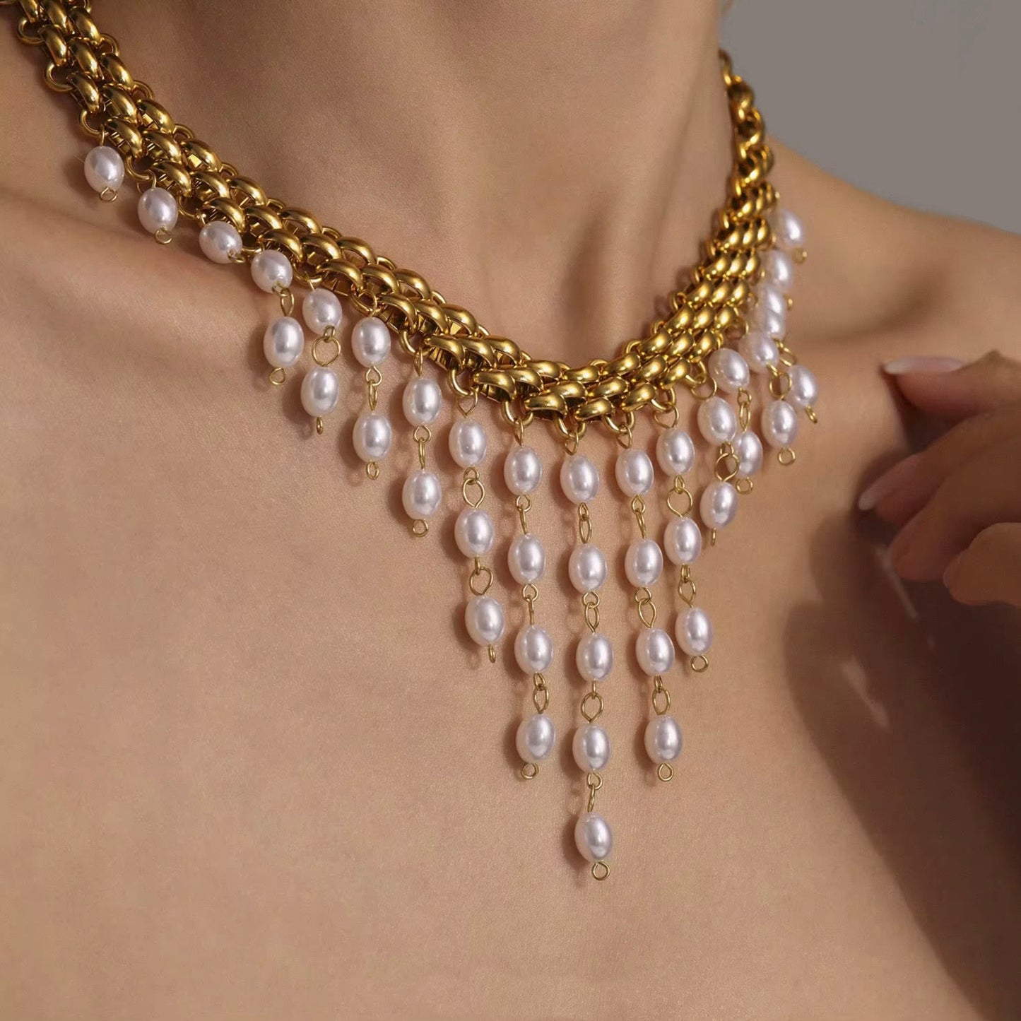 Drop Tassel Pearl Chain Necklace