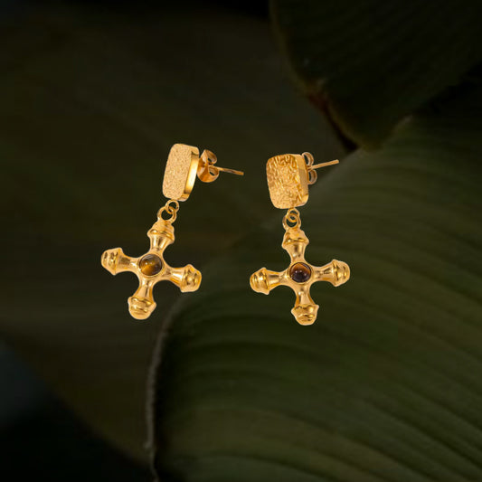 Brown Stone Cross Earring