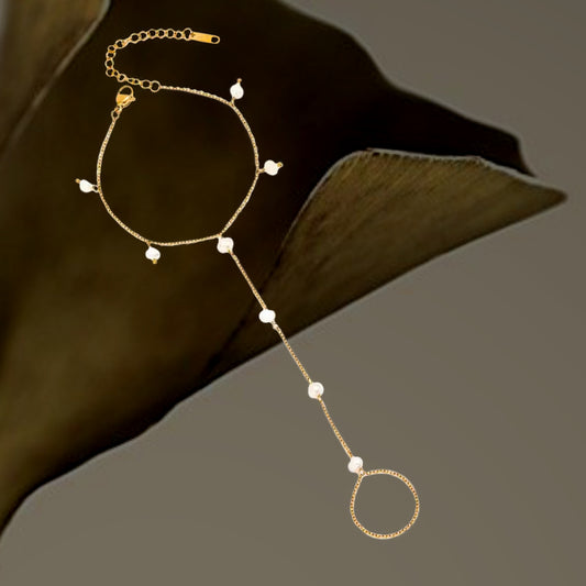 White Pearl Ring-Chain Bracelet