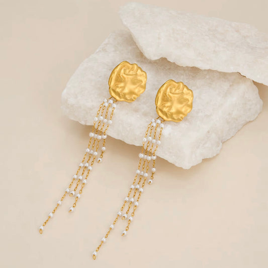 Hammered Round Pearl Tassel Earrings